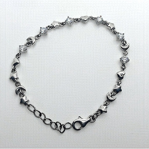 STERLING Silver Moon Stars Hearts & Clear / White Cz Stones Bracelet 6” - 7” - Picture 3 of 7